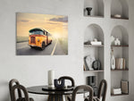 Caravan Sunset glass print enhancing a living room with editorial drama