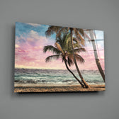 Pastel Palms close-up showing palm fronds against pink-cyan sky