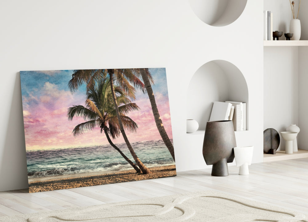 Pastel Palms glass wall art styled above a credenza in a bedroom