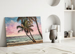 Pastel Palms glass wall art styled above a credenza in a bedroom