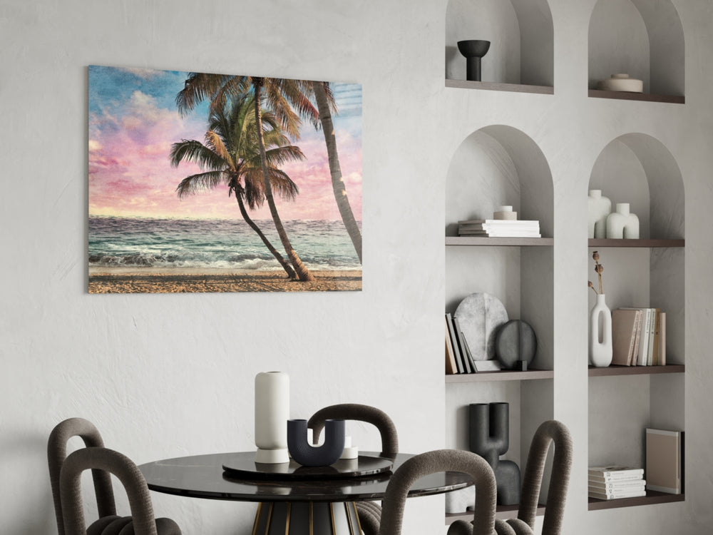 Pastel Palms glass print enhancing a living room with editorial drama