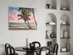Pastel Palms glass print enhancing a living room with editorial drama