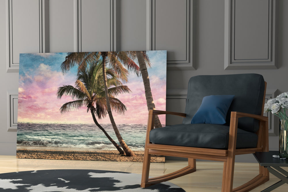 Pastel Palms artwork anchoring a wall with dreamy coastal palette