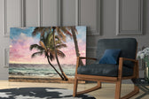 Pastel Palms artwork anchoring a wall with dreamy coastal palette