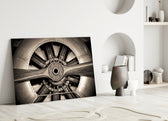 Vintage Propeller glass wall art styled above a sofa in a man cave