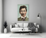 Cartoon Gentleman glass wall art styled above a credenza in a study