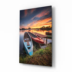 Lakeside-sunset panel bringing serene drama to a contemporary cabin