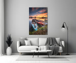 Lakeside Boats glass wall art styled above a sofa in a living room
