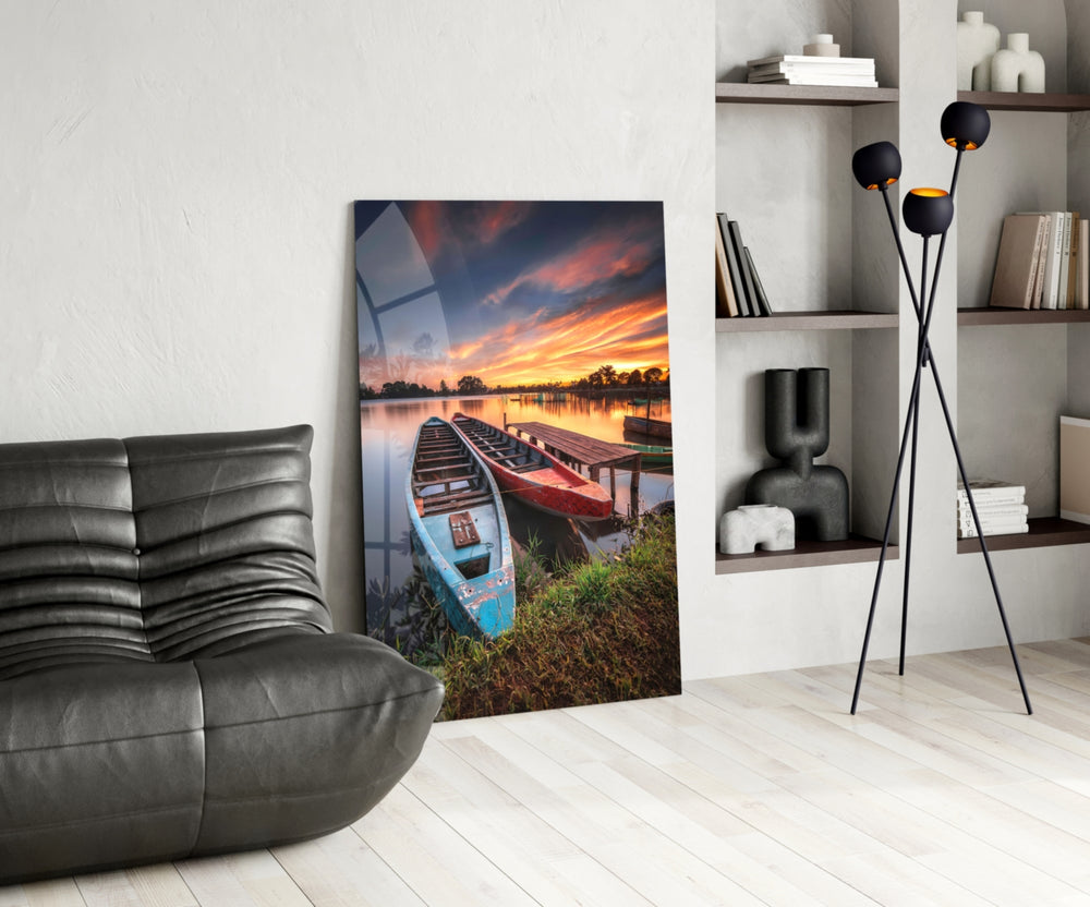 Lakeside Boats glass print enhancing a hallway with editorial drama