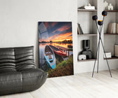 Lakeside Boats glass print enhancing a hallway with editorial drama