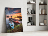 Lakeside Boats artwork anchoring a wall with serene alpine palette