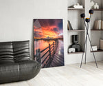 Pier Sunset glass print enhancing a hallway with editorial drama