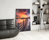 Pier Sunset glass print enhancing a hallway with editorial drama