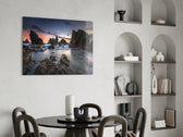 Coastal Cliffs glass print enhancing a bathroom with editorial drama