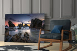 Coastal Cliffs artwork anchoring a wall with moody coastal palette