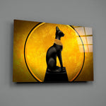 Bastet Statue close-up showing onyx Bastet against gold-leaf disc