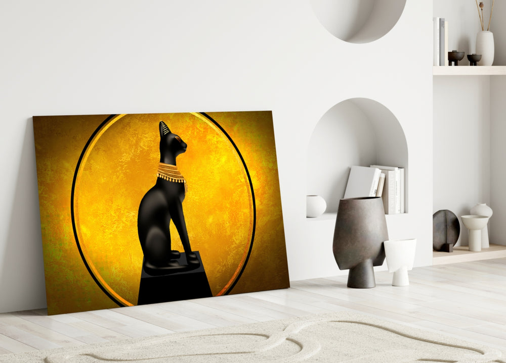 Bastet Statue glass wall art styled above a credenza in a hallway