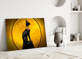 Bastet Statue glass wall art styled above a credenza in a hallway