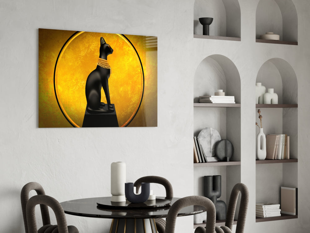 Bastet Statue glass print enhancing a living room with cinematic drama