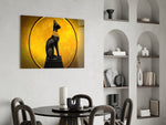 Bastet Statue glass print enhancing a living room with cinematic drama