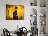 Bastet Statue glass print enhancing a living room with cinematic drama