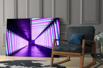 Neon artwork anchoring a wall with vibrant vaporwave palette