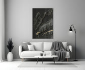 Leaf glass wall art styled above a console in a master bedroom