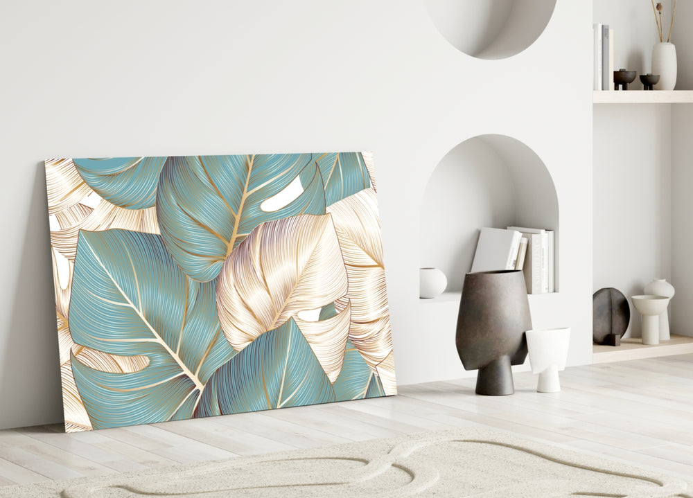 Leaves glass wall art styled above a credenza in a living room