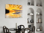 Landscape glass print enhancing a dining room with cinematic mood