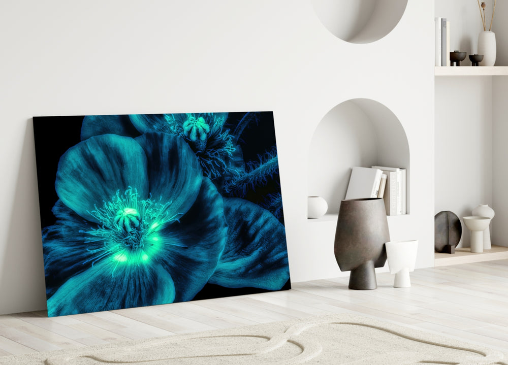 Malvales Flower glass wall art styled above a sofa in a living room