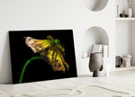 Flower glass wall art styled above a console in a living room