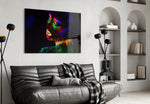 Neon Woman panel adding editorial mood to a bedroom
