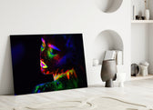 Neon Woman glass wall art styled above a credenza in a gaming room