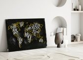 Modern World Map glass wall art styled above a shelf in an office