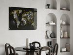 Modern World Map glass print enhancing a living room with cinematic warmth