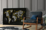 Modern World Map artwork anchoring a wall with scholarly classic palette