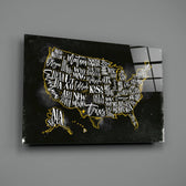 Map of USA close-up showing calligraphy states with gold-outlined borders