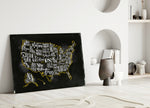 Map of USA glass wall art styled above a desk in an office
