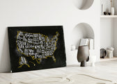 Map of USA glass wall art styled above a desk in an office