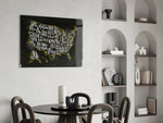 Map of USA glass print enhancing a man cave with cinematic warmth