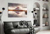 Mountain panel adding editorial calm to a bedroom