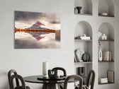 Mountain glass print enhancing a hallway with cinematic mood