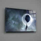 Hot Air Balloons close-up showing silhouetted figure on balloon strings under moon