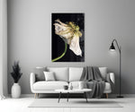Flower glass wall art styled above a credenza in a living room