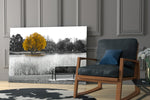 Yellow Tree artwork anchoring a wall with serene autumnal palette