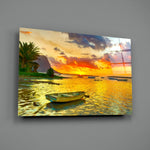 Sunset Fishing close-up showing wooden boat on golden mirrored lagoon
