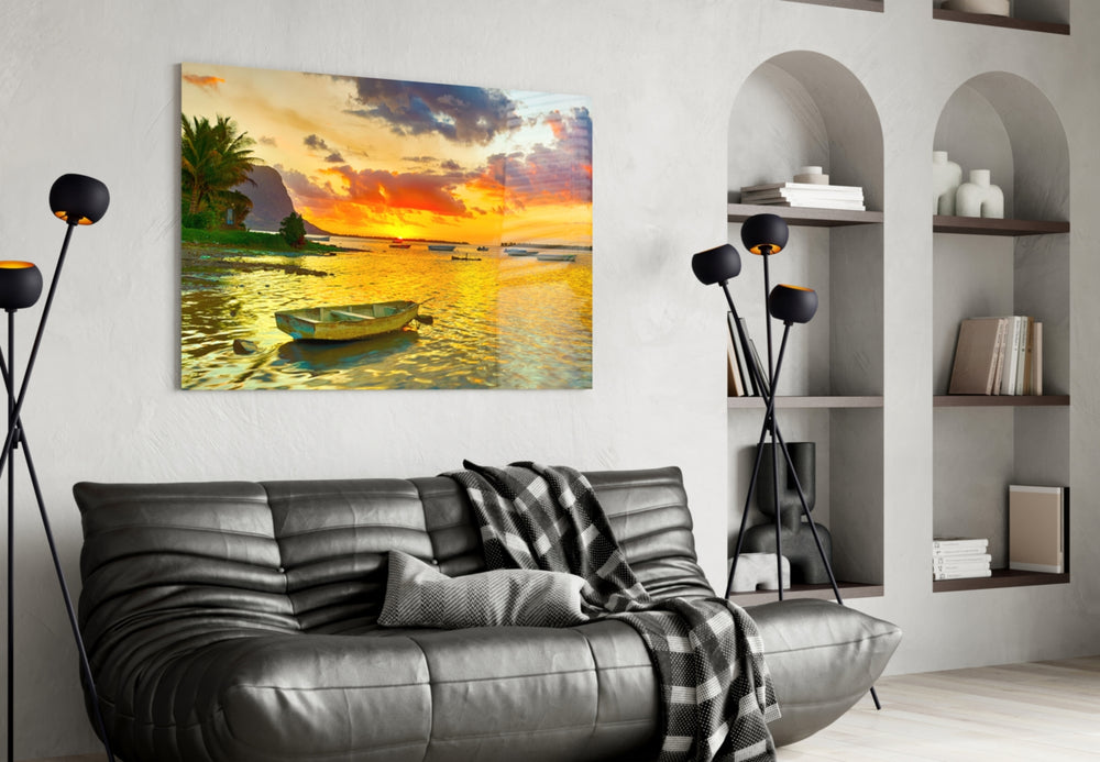Sunset Fishing panel adding editorial calm to a bedroom