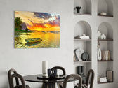 Sunset Fishing glass print enhancing a bathroom with cinematic warmth