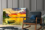 Sunset Fishing artwork anchoring a wall with serene tropical palette