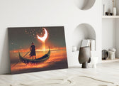 Red Moon glass wall art styled above a credenza in a living room